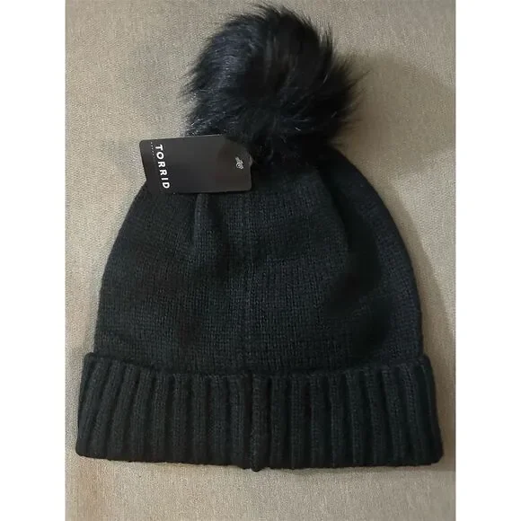 Torrid Women's Black Shine Pom Beanie Winter Hat One Size - Picture 3 of 6